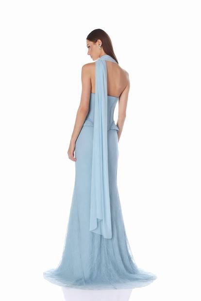 Blue Strapless Corset Lace Evening Dress